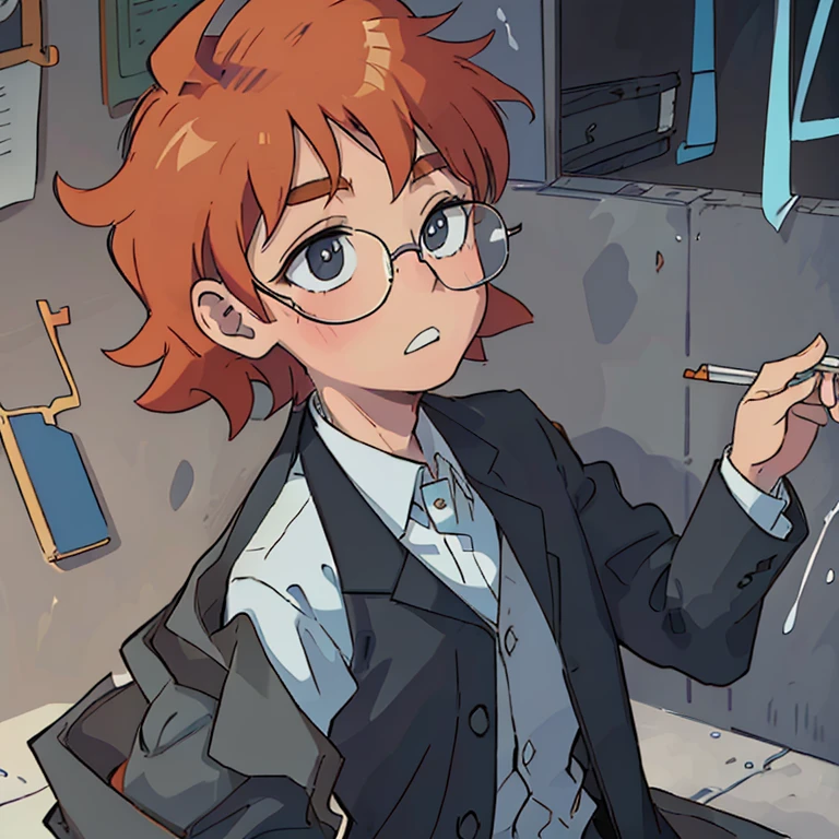 Boy. GINGER hair. CURLY hair. LIGHT GREEEN eyes. School uniform (black suit jacket, white buttonup, blue vest under). Tooth gap. CIRCULAR glasses. BRIGHT ginger hair. 21 years old. ONE character in the drawing ONE.