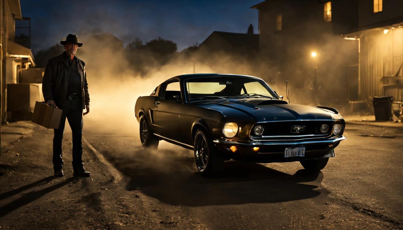 night scene, John and His Mustang: John, a skilled driver, maintains his vintage 1969 Ford Mustang.
Receiving the Package: John receives a mysterious package delivered by an anonymous courier, cinematic, lens flare.