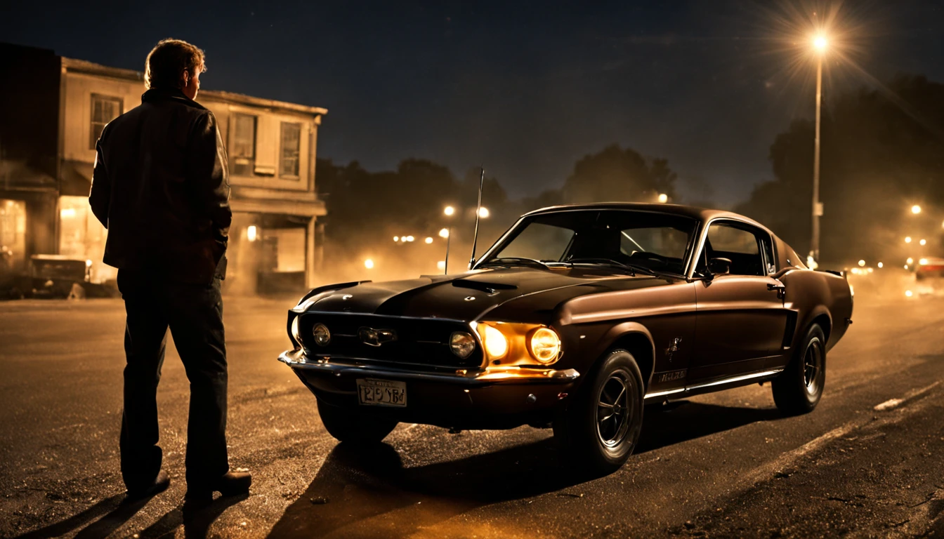 night scene, and His Mustang: Johnskilled driver, maintains his vintage 1969 Ford Mustang.
Receiving the Package: John recs a mysterious package delivered by an anonymous courier, cinematic, lens flare.