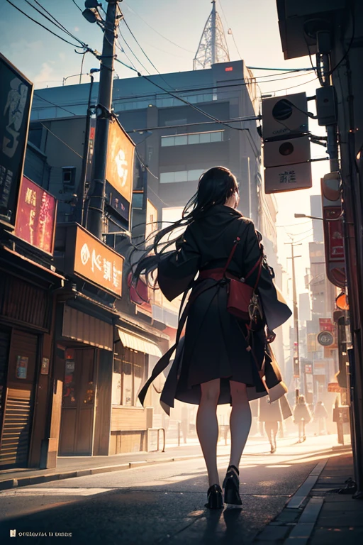 A beautiful woman dressed in black silk, Carrying a white bag, On no-man's streets, The sky is blood-red