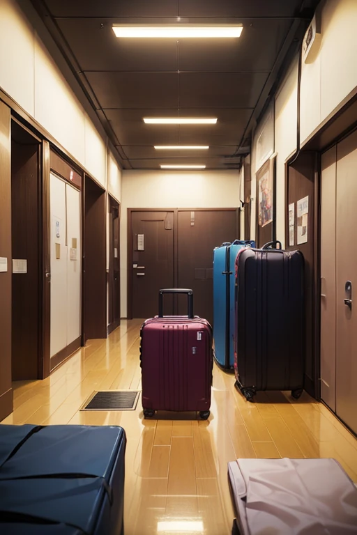 There are many suitcases lined up in the building, VA-11 Hall-A, Madhouse Studio anime style, in the anime film《erg》curled, Opening scene, anime scene, ( ( Xinhai sincerely ) ), In anime series《Therefore》curled, Kuro anime screenshots, Tokyo anime anime scenes