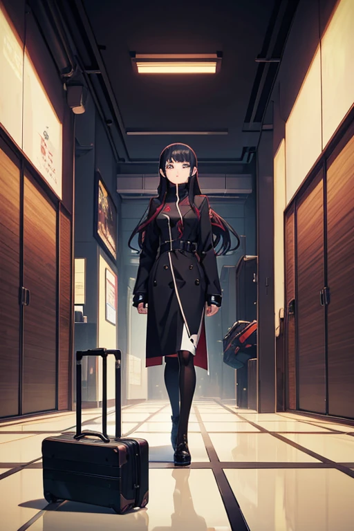 In a building lined with many suitcases, VA-11 Hall-A, the Madhouse Studio anime style, in the opening scene of the animated movie "Ergo Proxy," anime settinakoto Shinkai style), in the anime series "Henceforth, Proxy" curly, screenshot of Kuro Homura from anime, Tokyo anime, anime setting