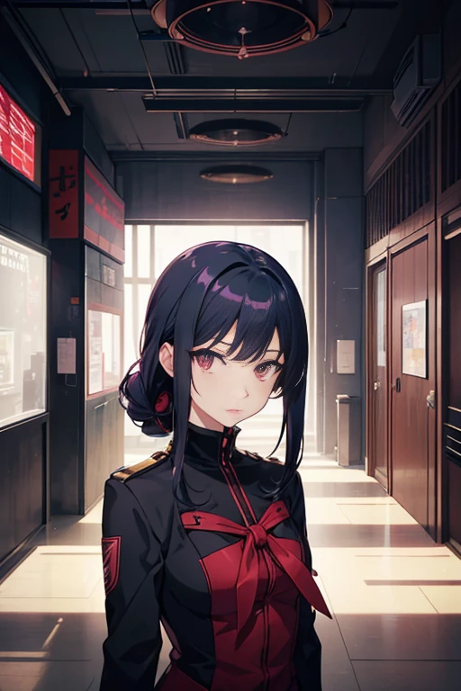 In a building lined with many suitcases, VA-11 Hall-A, the Madhouse Studio anime style, in the opening scene of the animated movie "Ergo Proxy," anime settinakoto Shinkai style), in the anime series "Henceforth, Proxy" curly, screenshot of Kuro Homura from anime, Tokyo anime, anime setting