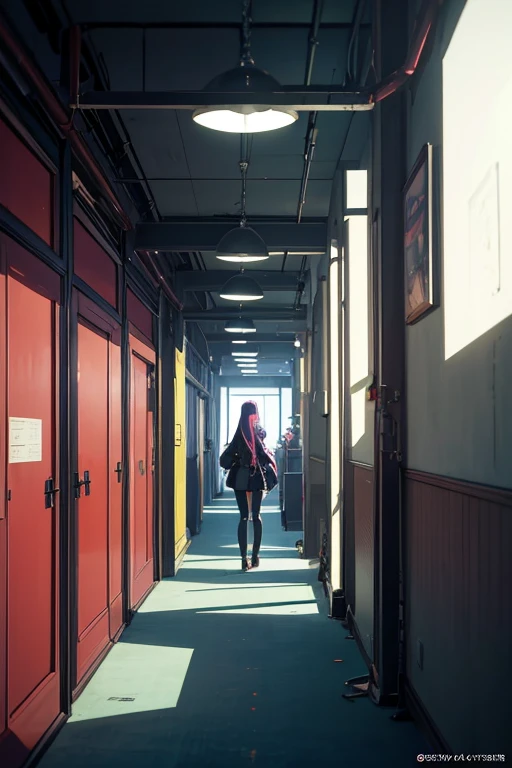 In a building lined with many suitcases, VA-11 Hall-A, the Madhouse Studio anime style, in the opening scene of the animated movie "Ergo Proxy," anime settinakoto Shinkai style), in the anime series "Henceforth, Proxy" curly, screenshot of Kuro Homura from anime, Tokyo anime, anime setting