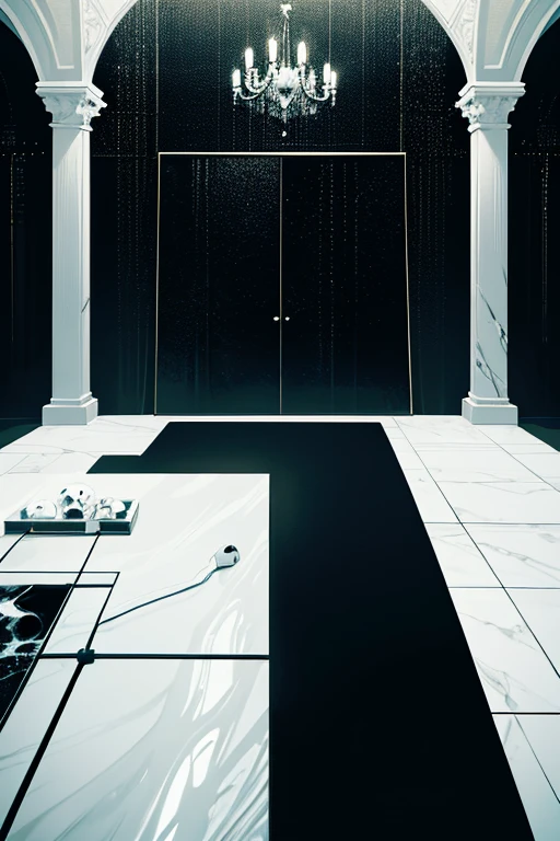 Dark room with a bed，green light on, video static, There is a skull above the table, hyperrealistic”, hyperrealistic”, hyperrealistic”, Refik Anadol, hyperrealistic”, hyperrealistic”, tokujin yoshioka, museum diffuse lighting, marble table, mistic!!, award winning”, award winning”, conceptual installation, White table