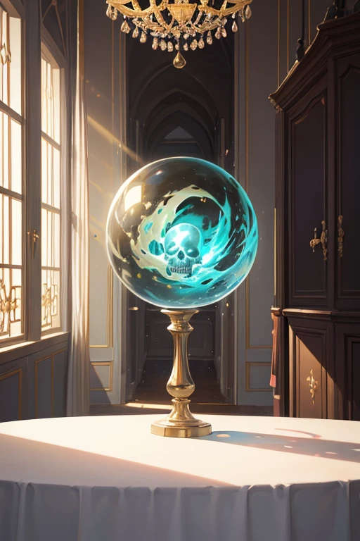 (best quality,4k,8k,highres,masterpiece:1.2),dark room with a bed,green light on,strobe effect,an ethereal skull floating above the table,super surreal,super surreal,super surreal,Rephaelangelo,super surreal,super surreal, Yoshihisa Yoshimoto,museum ambient lighting,marble table,mysterious!!,award-winning!!,award-winning!!,conceptual installation,white table