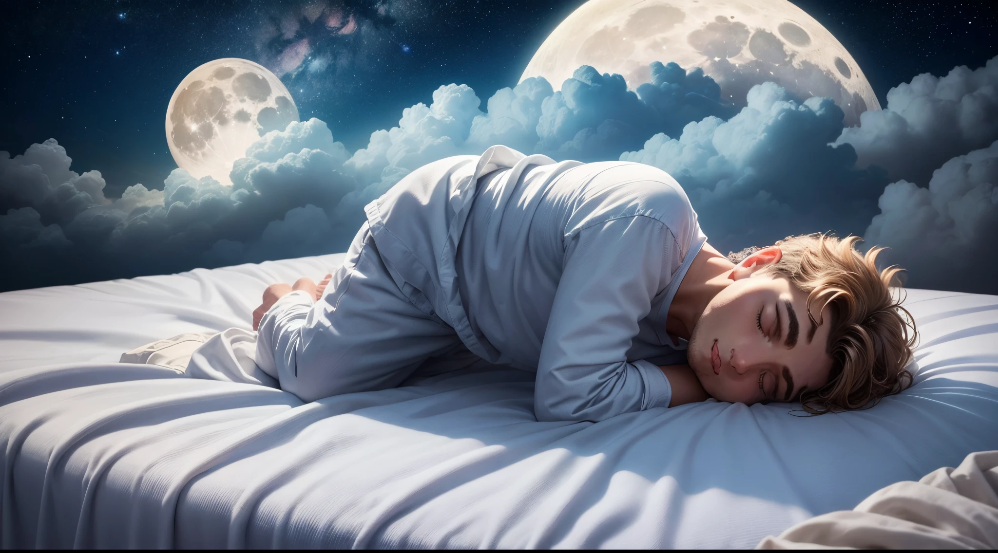 closeup de um homem dormindo de lado, in the clouds in the shape of a mattress, with the full moon in the background and the starry sky and creating a flare effect. A foto tem uma profundidade de campo rasa, um ISO baixo e uma velocidade do obturador alta para congelar o movimento