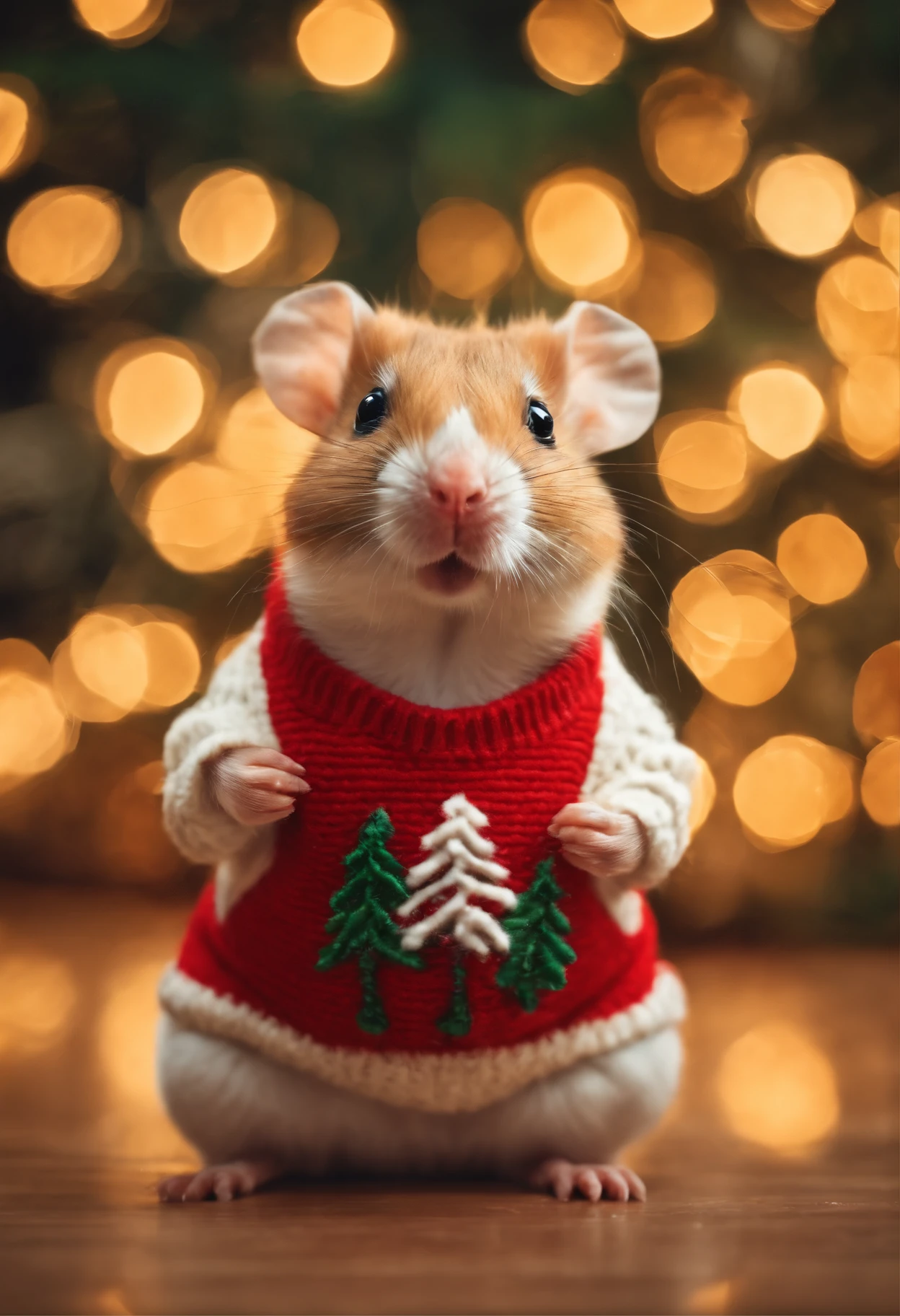 A cute angry hamster in a Christmas sweater, neon Christmas lights, high quality, high detail, 8k