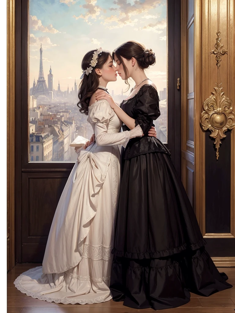 an oil painting, top-quality, ​masterpiece, 2girlls, Dresses from the Belle Époque era, Noble lady, French cityscape, the kiss