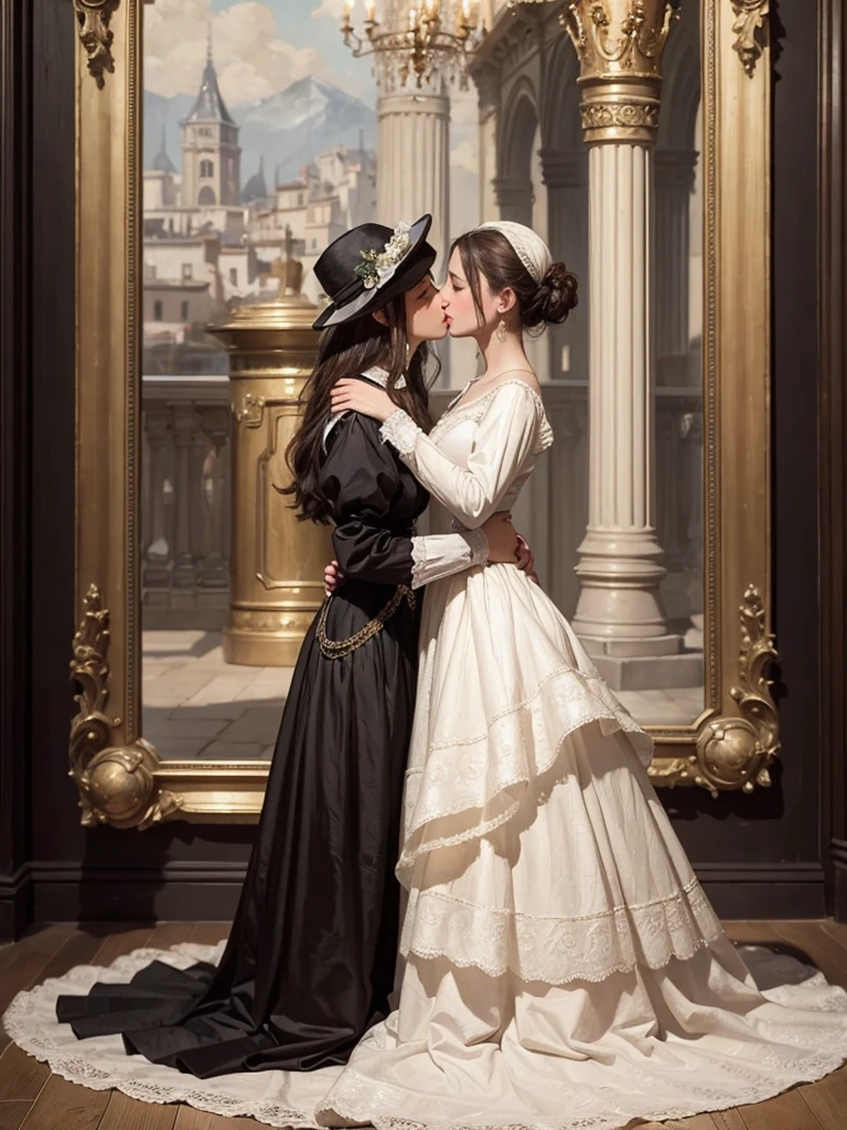 an oil painting, top-quality, ​masterpiece, 2girlls, Dresses from the Belle Époque era, Noble lady, French cityscape, the kiss