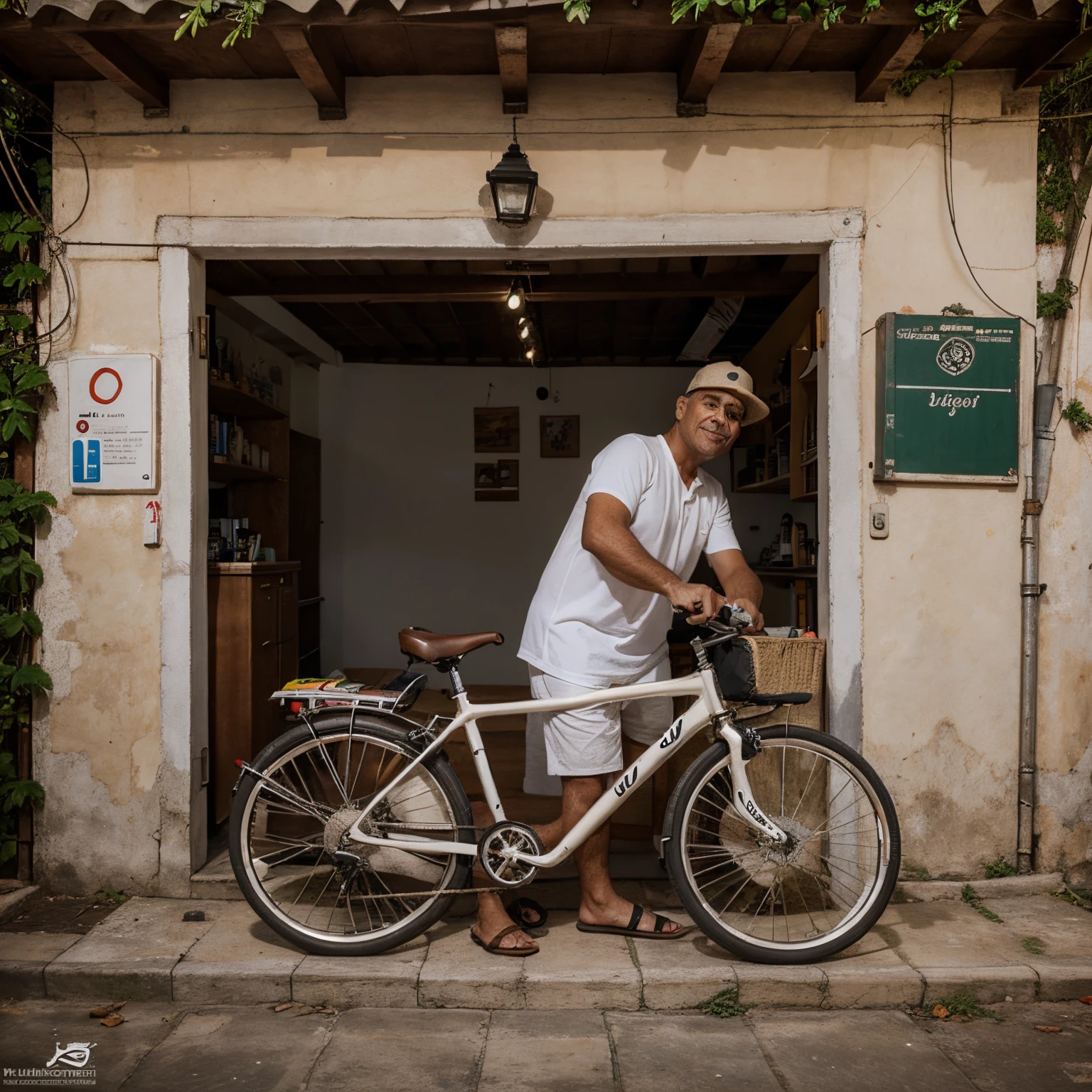 Desenho. Papai Noel entregando bicicleta a um menino