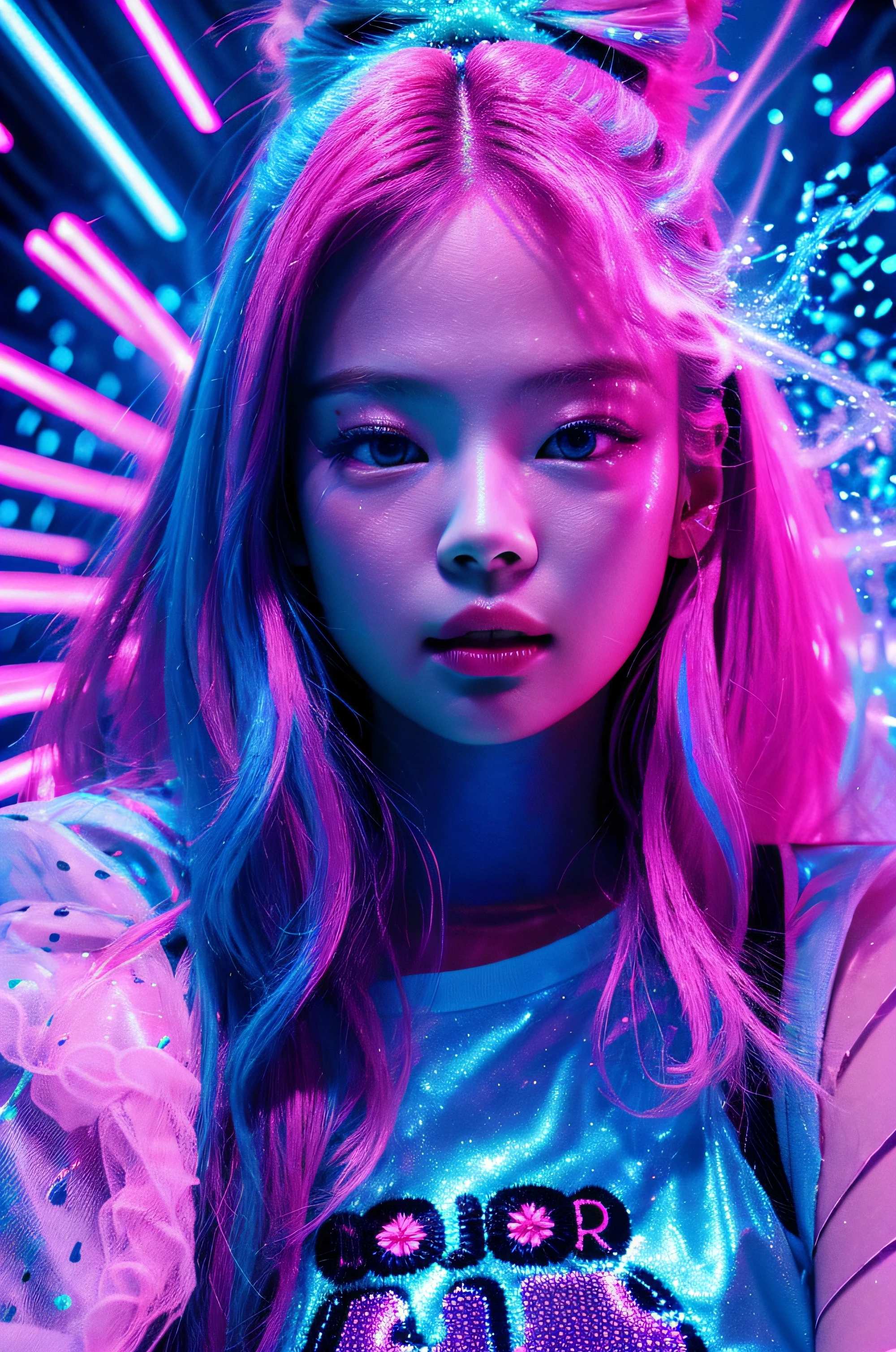 beautiful 30 years old woman's face illuminated by colored lights photorealistic background bright colors Luminous neon pink and neon blue glitter dust background with pink and blue smoke vapor, Jennie kim,
