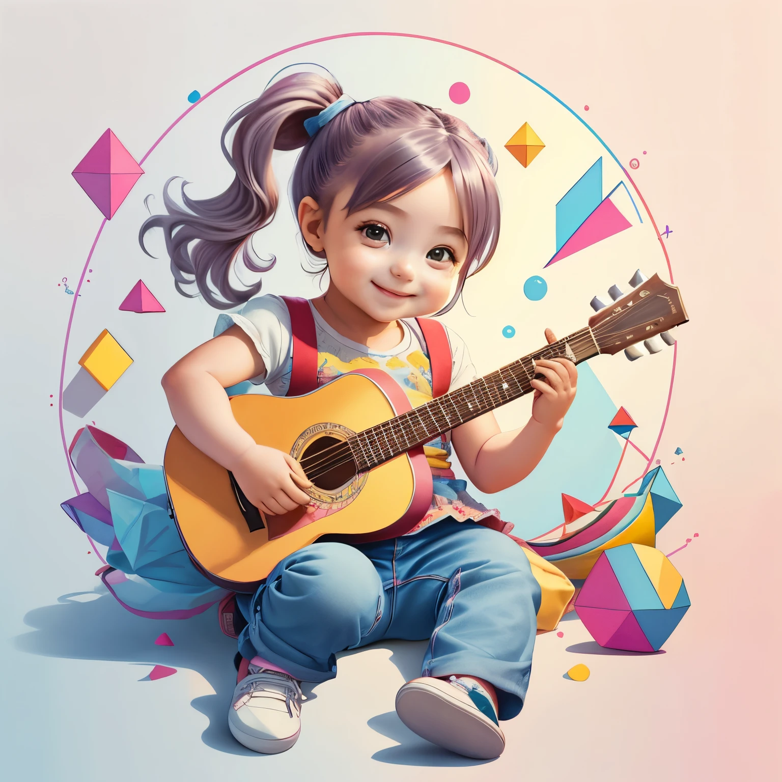 (cute baby girl smiling with jeans and ponytails playing a guitar), Munchkin ,Geometric multidimensional wall portrait, livro de arte, Tchibi,
Yang08k, Beautiful, Colouring,
Obras, of the highest quality, best quality, Arte Oficial, Beautiful and Aesthetic,