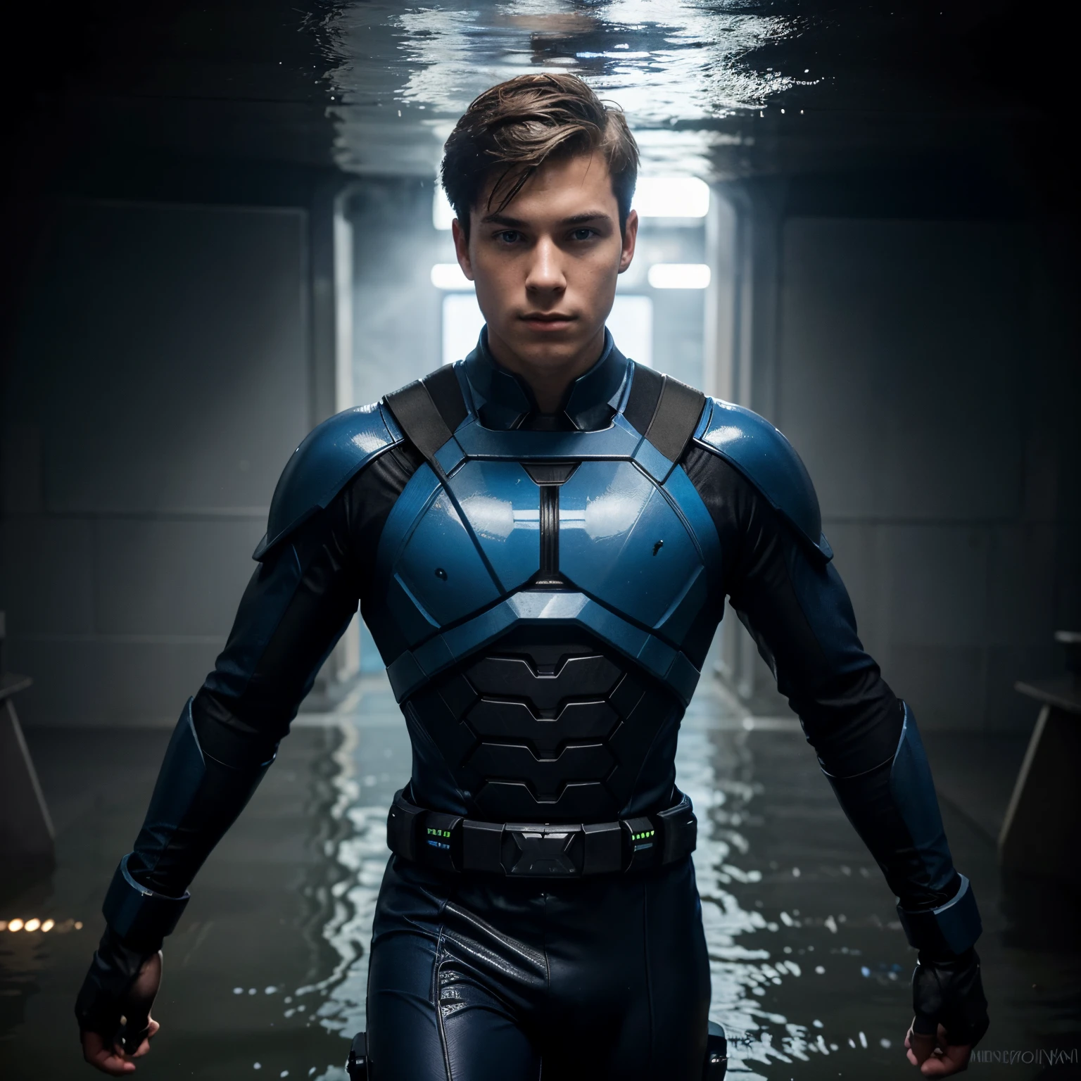 create a picture of a teenager named Henry Garrison aka Agent Hydro based off the element hydrogen in his super suit that has a built in water propulsion system and hydro kinetic gauntlets with dark blue and black detailing