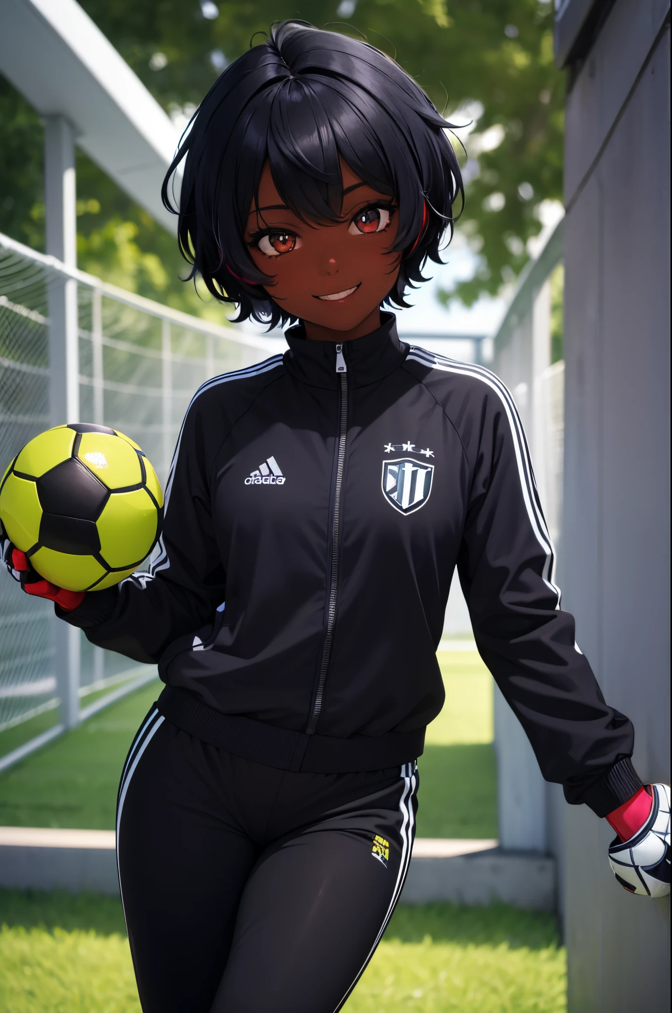 (highres:1.2),,(goalkeeper),solo,black girl,short hair,smiling,Slacks,sporty clothing,soccer field,diamond,multicolored hair,multicolored eyes