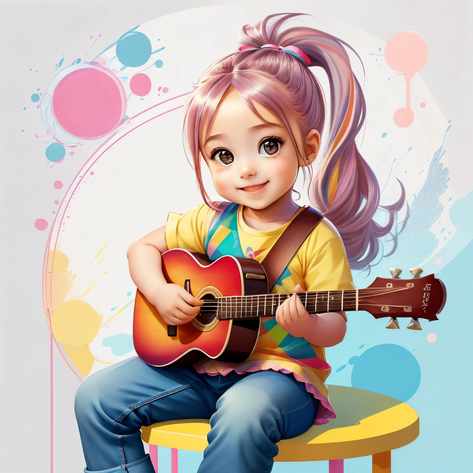 (cute baby girl smiling with jeans and ponytails playing a guitar), Munchkin ,Geometric multidimensional wall portrait, livro de arte, Tchibi,
Yang08k, Beautiful, Colouring,
Obras, of the highest quality, best quality, Arte Oficial, Beautiful and Aesthetic,