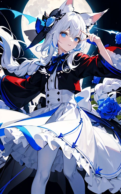((tmasterpiece:1.4,best qualtiy))++,(hyper-detailing)+,(best qualtiy,hyper-detailing,vivd colour,rich colourful,dynamic angle,hight contrast:1.2),A teenager,schoolboy,short,Height approx. 165cm,long white hair,Braided,blue color eyes,Wearing a black magic hat,With white fox ears and tail,Decorated with blue roses and white ribbonagister。delicated face,exquisite facial featurerom below:0.5), Fashionab, with dynamism, garments, posing on a, frontage, rich colourful, dyna, Background with, element in, self-assured, Expressing the, statement, fittings, A majestic, coil, Runt, Scenes, Cover of a, boldness, attention-grabbing, Fashionab, typeface, Catchy, attention-grabbinodern day, Fashionab, focal, Fashionab,the night,themoon,stage,performance,A huge scene,lamplight