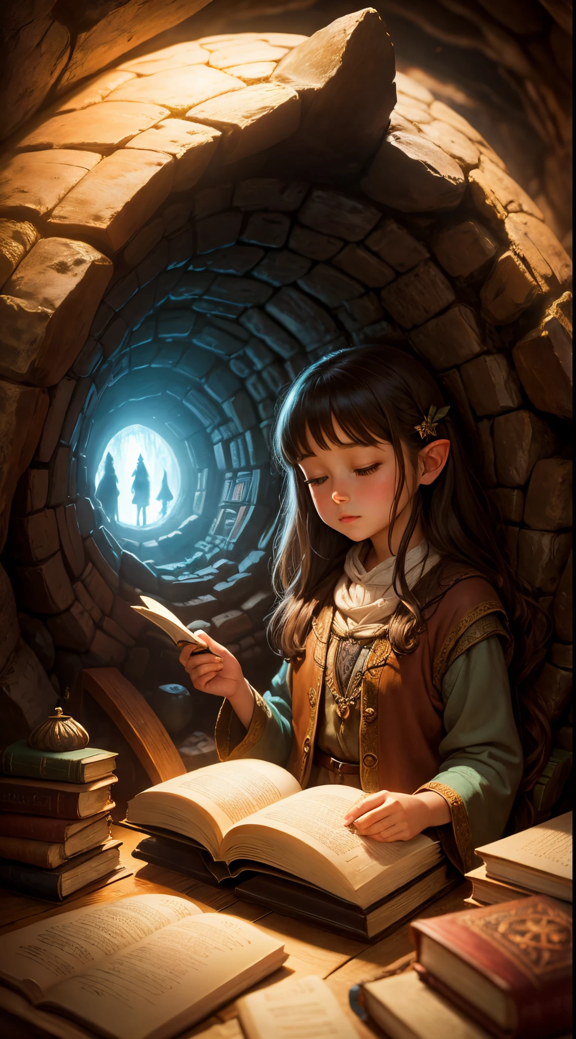 "Oil painting, ((dreamy)) girl reading ancient books, warm light ((inside a mystical hobbit cave)), magical atmosphere, whimsical clock, enchanting, cozy, detailed"