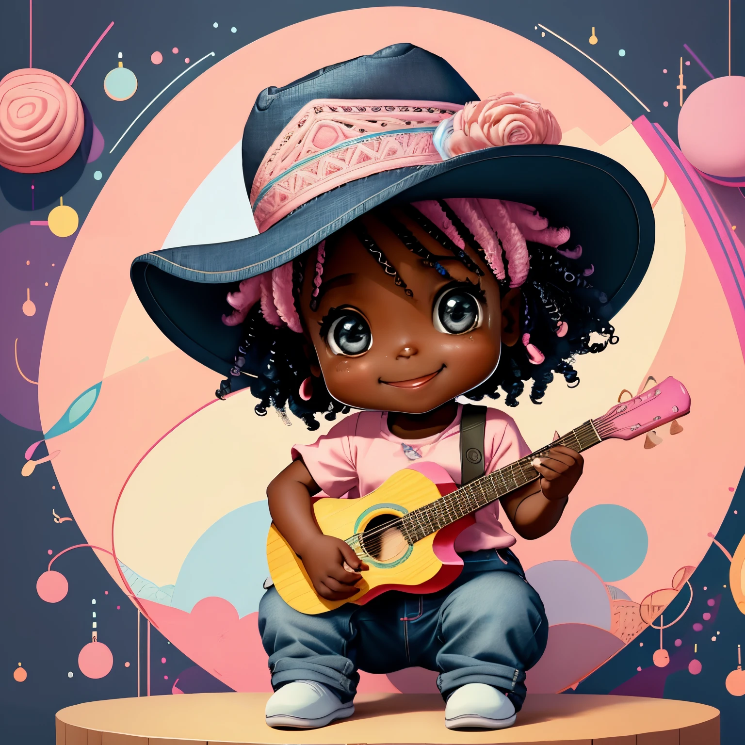 (cute black baby girl smiling with jeans and a pink hat playing a guitar), Munchkin ,Geometric multidimensional wall portrait, livro de arte, Tchibi,
Yang08k, Beautiful, Colouring,
Obras, of the highest quality, best quality, Arte Oficial, Beautiful and Aesthetic,