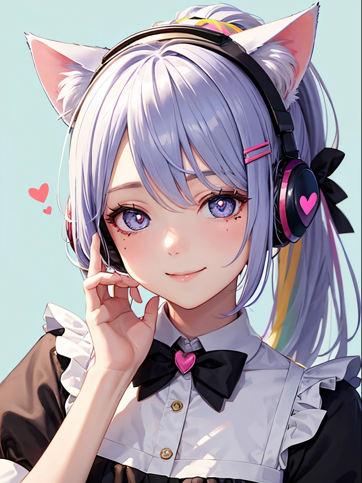 rainbow hair, ponytail, hairclip, hair ribbon, hair bow, maid headdress, goggles, mole under eye, heart-shaped pupils, cat ear headphones, bored, (jitome:1.5), smile