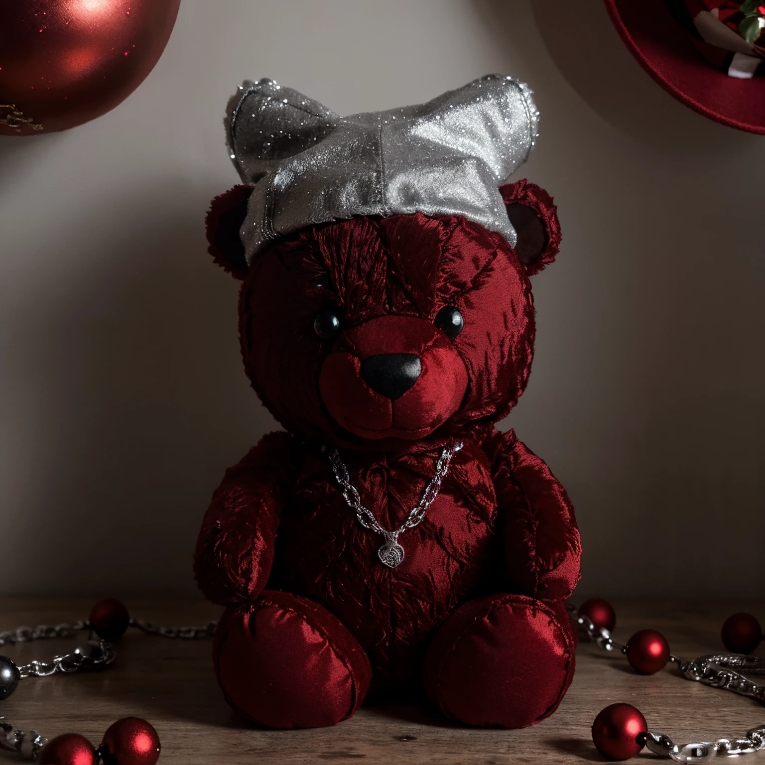 red and black teddy bear wearing a Christmas hat wearing a silver chain that says nox