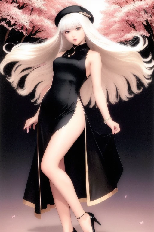 Short flowy haircut, cute long side bangs, ((white hair)) Japanese cherry scenery background, (evening), (golden hour) , ultra detailed, young Japanese woman, (wearing elegant bracelet) , ((wearing thick thigh strap)), beautiful face, ((wearing a long black classic sleeveless cheongsam dress with long slits and golden trim)), ((hair flowing beautifully in the wind)) , perfect smooth legs, smiling, (((contrast rich rim lighting from both sides))), (ultra wide angle) , ((very short golden finger nail polish)), (pair of black high heeled mary janes stiletto shoes) , perfect eyes, firm large sized breast, ((crossed arms )), (thighs), thick calves, correct anatomy, tony taka art style, (cherry petals flying in the air by a soft breeze), wearing a cute beret