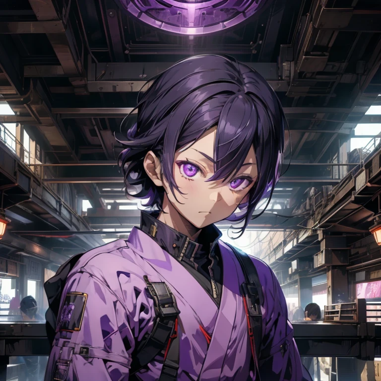 a boy in a purple clothing japanese style, cyberpunk art, inspired by Cid Kagenou, some violet and black aura high opacity, japan aesthetic, super cool handsome glowing purple eye male, HD, thick lines