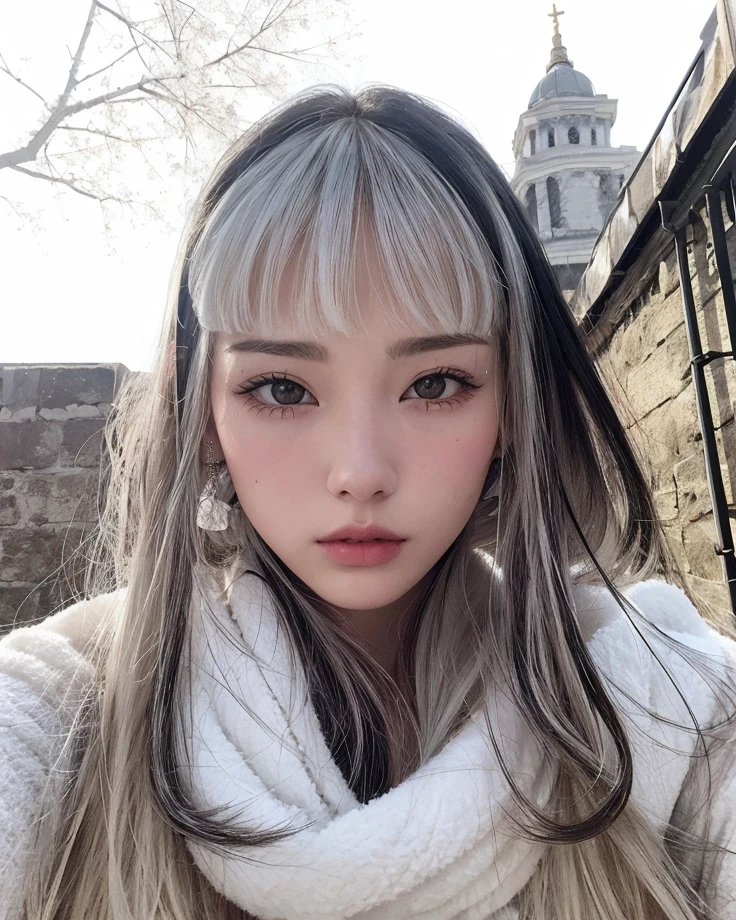 Arafed woman with long hair and a white scarf on, flequillo blanco, cabello Whitebangs cabello, Flequillo contundente cae sobre su frente, con flequillo, Pelo largo con flequillo, con flequillo completo, Cabello limpio con flequillo, flecos rectos, Cabello largo con flequillo completo, Whitebangs, Retrato de Kim Petras, flequillo recto, cabello negro y flequillo blanco