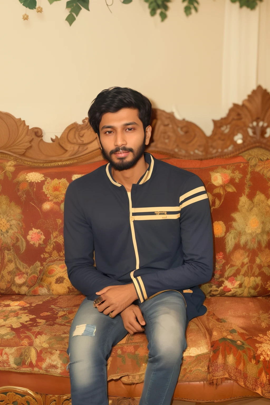 there is a man sitting on a couch in a room, riyahd cassiem, ayan nag, mohamed chahin, khyzyl saleem, very clear picture, inspired by Bikash Bhattacharjee, candid picture, raden saleh, vinayak, roshan, ismail, ash thorp khyzyl saleem, around 1 9