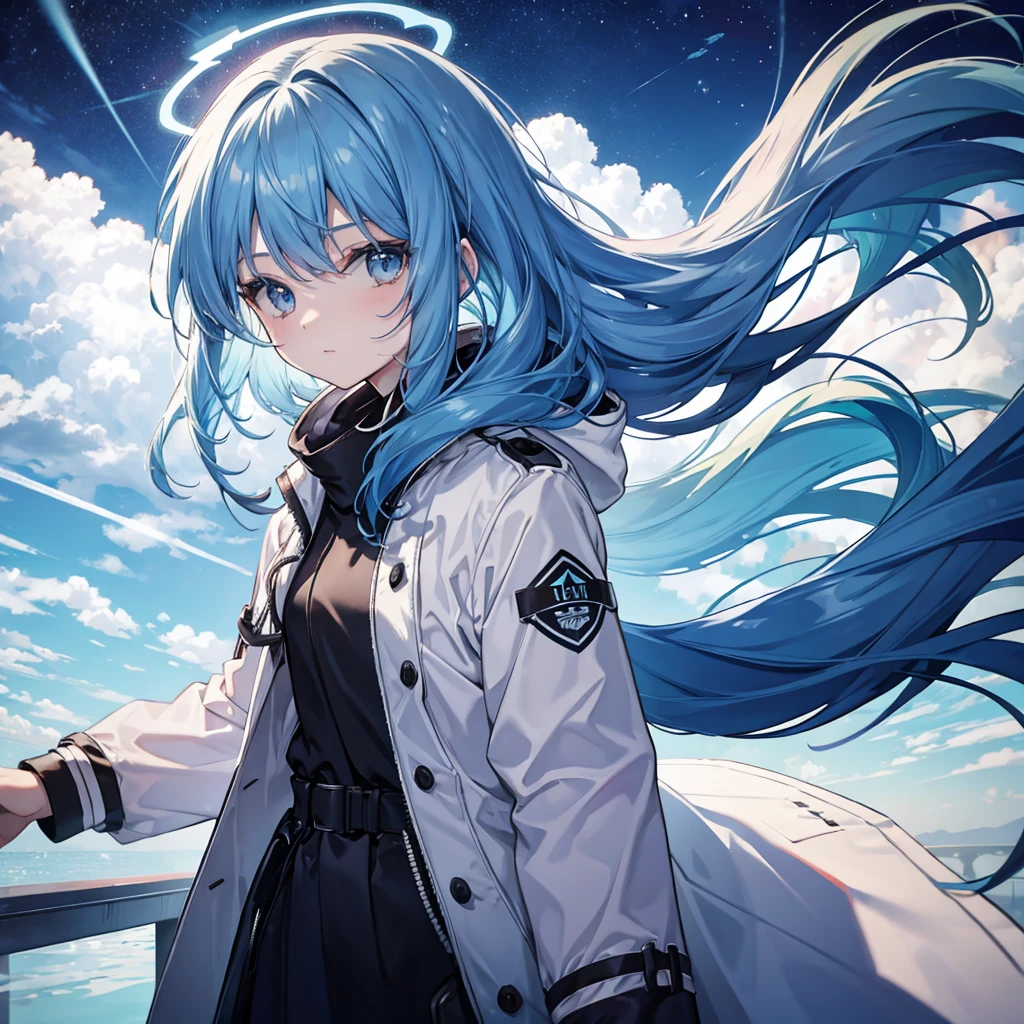 The halo，Blue hair，wind coat，Sixteen-year-old girl