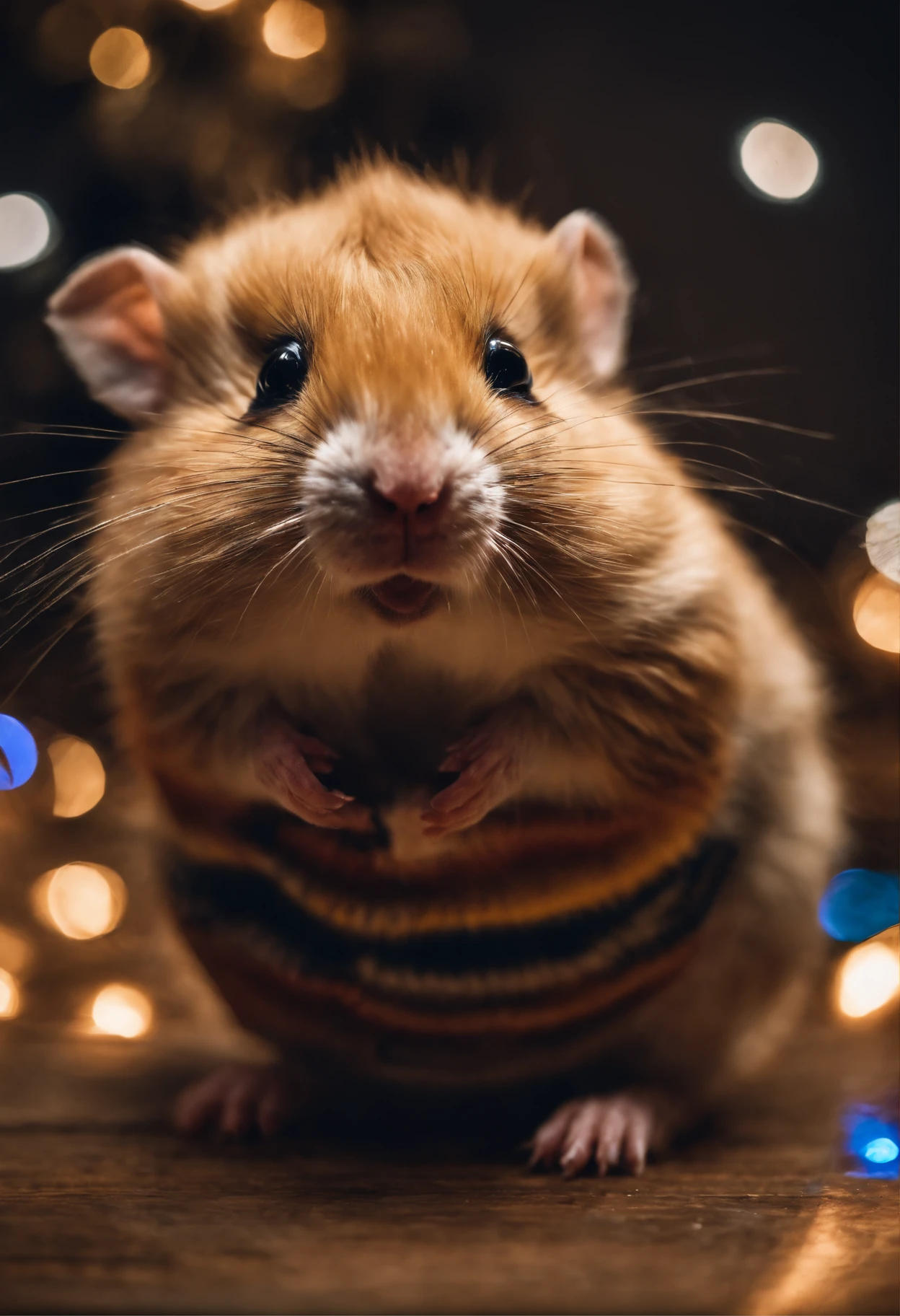 A cute angry hamster in a Christmas sweater, neon Christmas lights, high quality, high detail, 8k