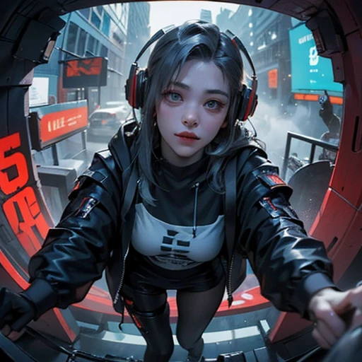 ( Masterpiece, best quality:1.3, fisheye ), backlit, soft light, extremely high detailed, intricate, 8K, HDR, cinematic lighting, up above pov:1.4, (( cyberpunk night street:1.4, touching against pov, looking at viewer )), ryujin, narrow face, slim waist, plump cheeks, thigh gap , cybernetics arm, headphones, beautiful turquoise eyes, wearing loose-fitted drip ootd