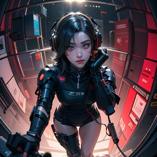 ( Masterpiece, best quality:1.3, fisheye ), backlit, soft light, extremely high detailed, intricate, 8K, HDR, cinematic lighting, up above pov:1.4, (( cyberpunk night street:1.4, touching against pov, looking at viewer )), ryujin, narrow face, slim waist, plump cheeks, thigh gap , cybernetics arm, headphones, beautiful turquoise eyes, wearing loose-fitted drip ootd