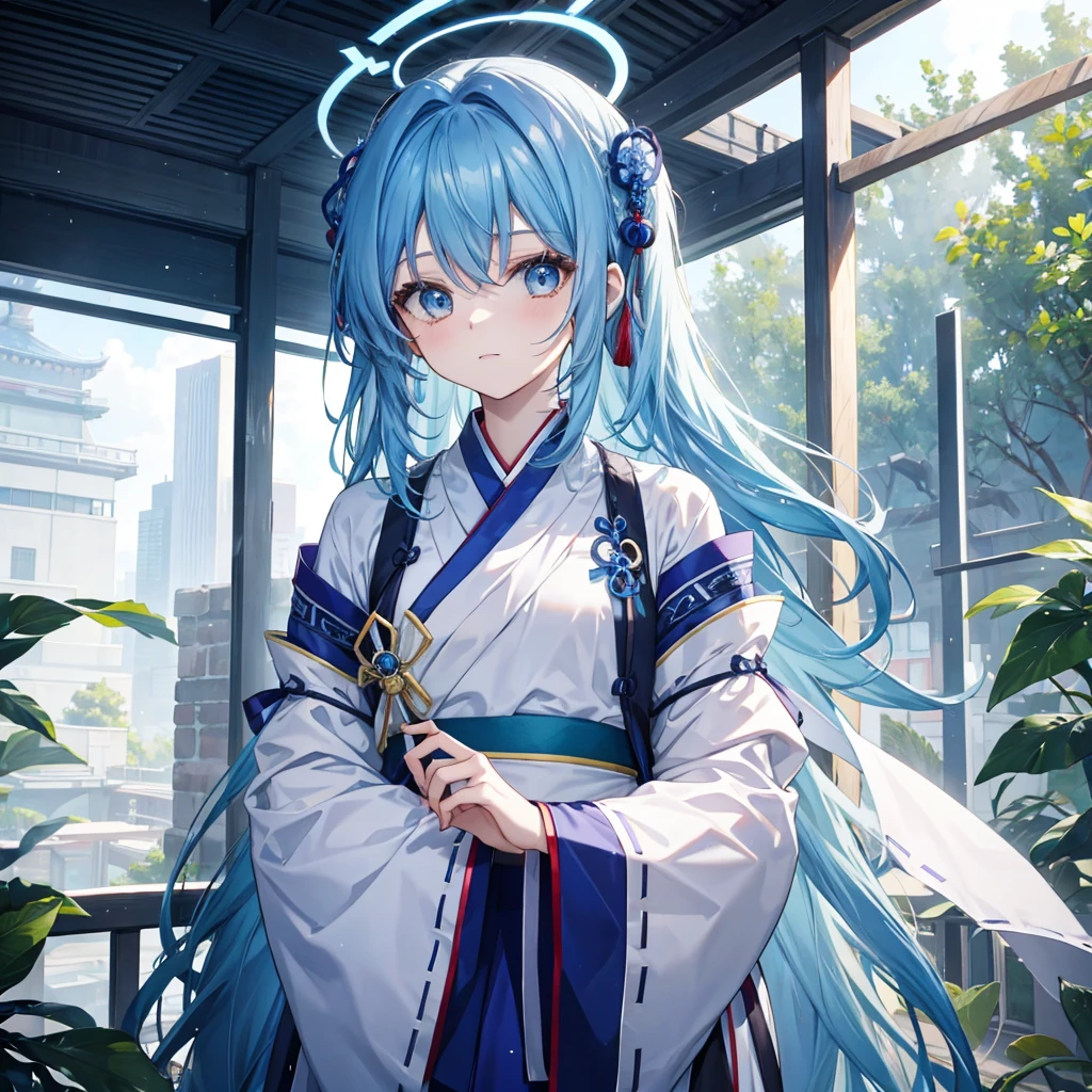 The halo，Blue hair，Hanfu，sixteen year old girl