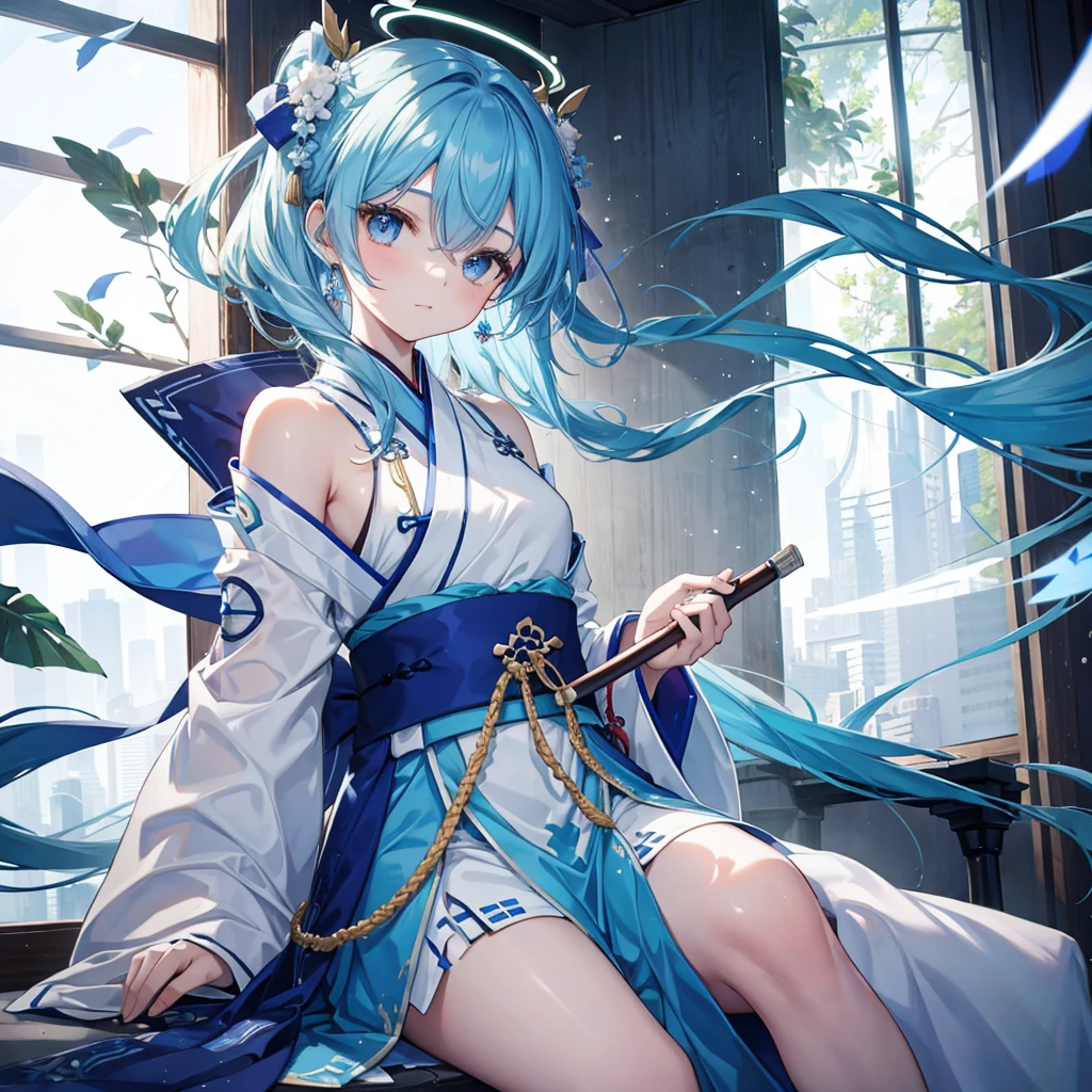 The halo，Blue hair，Hanfu，sixteen year old girl