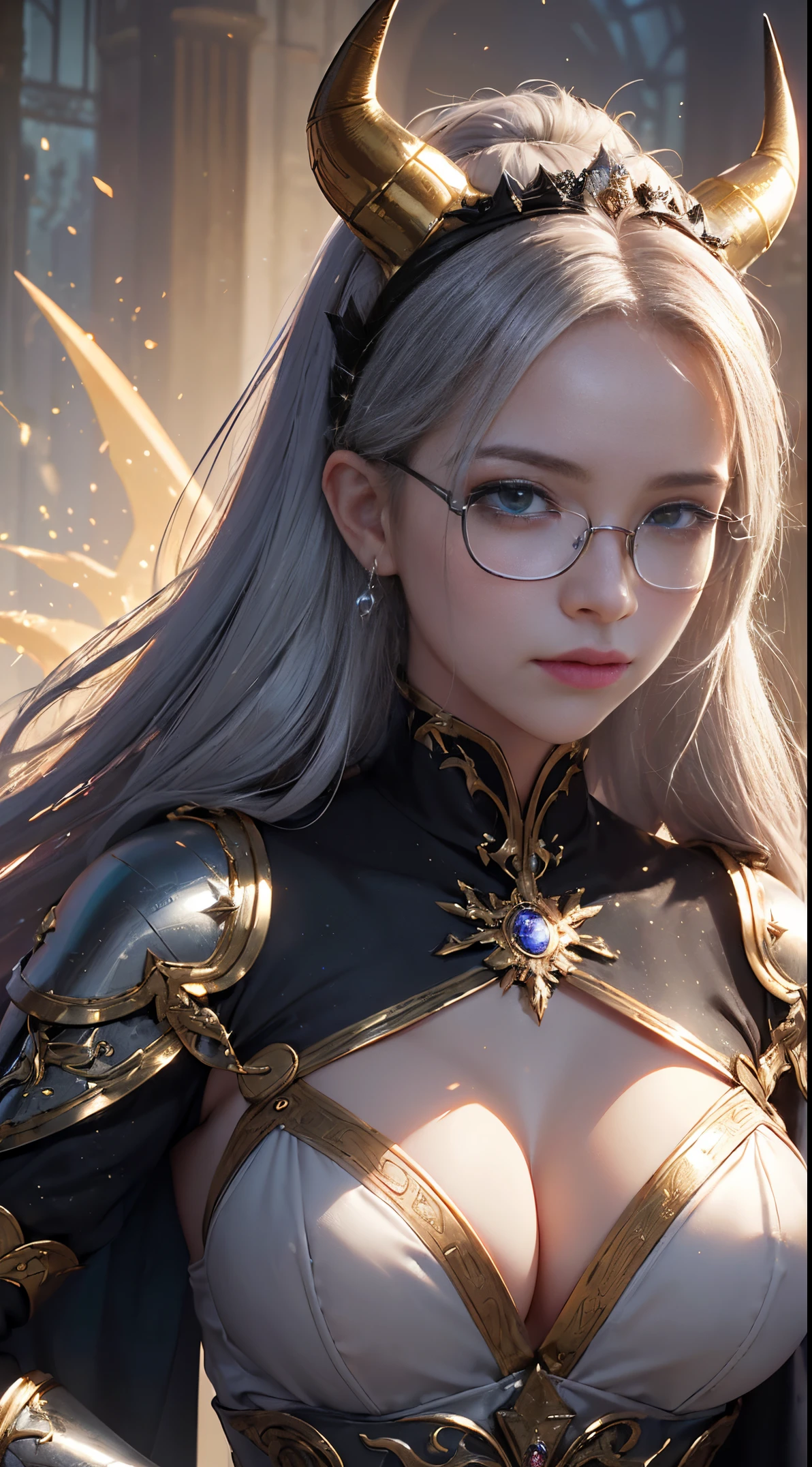 Fine、(The best illustrations)、8k UHD resolution、intricate-detail、top-quality、realisitic、ultra-detailliert、The best lighting、Best Shadows、Soft lighting、Ulutra HD、Ultra-realistic、Tindall Effect、Photorealsitic、(High Detail Skins:1.2)、 (Intricate details, makeup, pureerosface_v1:0.5), (Detailed beautiful delicate face, Detailed beautiful delicate eyes, A perfectly proportioned face, High detailed skin, Detailed skin, best ratio four finger and one thumb, arms below breasts, Tattoo with a red glow under the stomach、Awesome awesome, wide hips, smooth midriff, skiny and thin, __Fashion__, __hair__:1.25)、Digital SLR、 absurd realistic work: 1.3), (max resolution: 1.2), (Ultra HDTV: 1.2), cinematric light, Detailed eyes and skin, detailed facial features, , (Sharp Focus: 1.2), (Focus on Face:1.2),Perfect Style, Beautiful face, acurate, Anatomically correct, Highly detailed face and skin texture, Detailed eyes, Double eyelids, Thin eyebrows, Glitter Eyeliner: 1 Natural cheeks, Glossy skin, Fair skin: 1.2, (Glossy lips: 1.4),(Shy look: 1.2),Highly detailed facial and skin texture, Detailed eyes, Double eyelids, Natural cheeks, shiny lips: 1.4,Exposed cleavage、Bewitching。a baby face、Seductive、Chest emphasis、((((Huge glasses, Otaku Glasses, thick glasses, Round glasses)))),The long-haired、Braid hair、Ponytail distortion、, Ponytail with a bow tied at the back of the hair, huge solemn expression、Body Up、Big breasts emphasis, Super tight breasts, Breast augmentation surgery, The breasts are very big and round and round,Toned waist、 Meet beautiful girls, Look at the girl's body, In the Dark、Bat Wings,(((Demon Horns)))、(Devil's Tail)、(Detailed spooky backgrounds:0.8)、demon girls,Long grey hair,Beautiful and delicate skull decoration and fluorescent green magic sword that shines red,emits eerie demonic flames,Contour light,green flash particles,translucent magic sword,waist guard, hand guards, veils, Ancient Chinese style, magia、Flame Magic、Flares up violently、swirling explosion、 Very saturated sun rays come out of the scepter, holy ceremony, Angelic Halo, golden and orange spark dazzling around, Holy Demon Array, dramatic compositions, Goddess of War, (Dynamic Posture: 1.3), Thick armor reveals the heart of the conflict, (Fine detail), radiant light, Powerful light area, (armor of historical importance:1.2),magia、 glittering metal armor, (Magic symbols shine on the armor:1.3), (Magical magic swirled around her:1.3), Long white hair waving in the wind in every detail, Detailed weapon holding, (Sharp sword, Radiant:1.3), ((Black Armor)), (intense expression:1.1), (Its light is、Highlighting her dominance and rebirth behind the scenes:1.4), (Wisdom and Rebirth:1.2), (Strong stance:1.2), (Overwhelming mystical power:1.2), (Sparkling sweat:1.1), armor decorated with jewels, (The contrast between silver and gold:1.3),wear armor made of magic stones、wear magic armor、Purple Pink Silk Dress, The face of the beautiful goddess Athena without blemish, Sexy light yellow nightgown, long to, A thin nightgown of a saint with lots of exciting black lace details was felt, The legend of the holy goddess, Saint Icon, Elegant glitter beautiful saint style, dark and mysterious version, Holy Female Crown, royal ceremony, Jewel Tiara, The red and gold sparks are dazzling, royal emblem, golden scepter, Golden Rays,