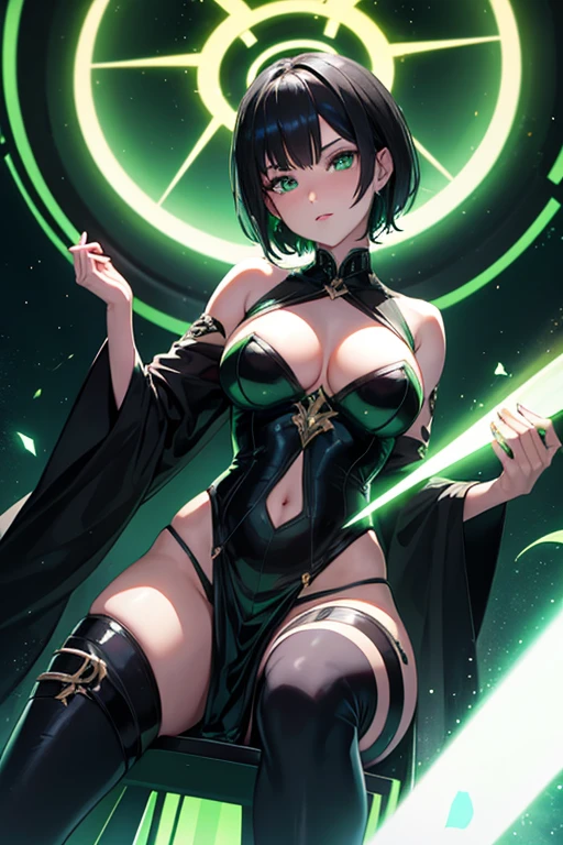 sexy, evil, short black haired, glowing green eyed, goddess setting on her throne, pov from below