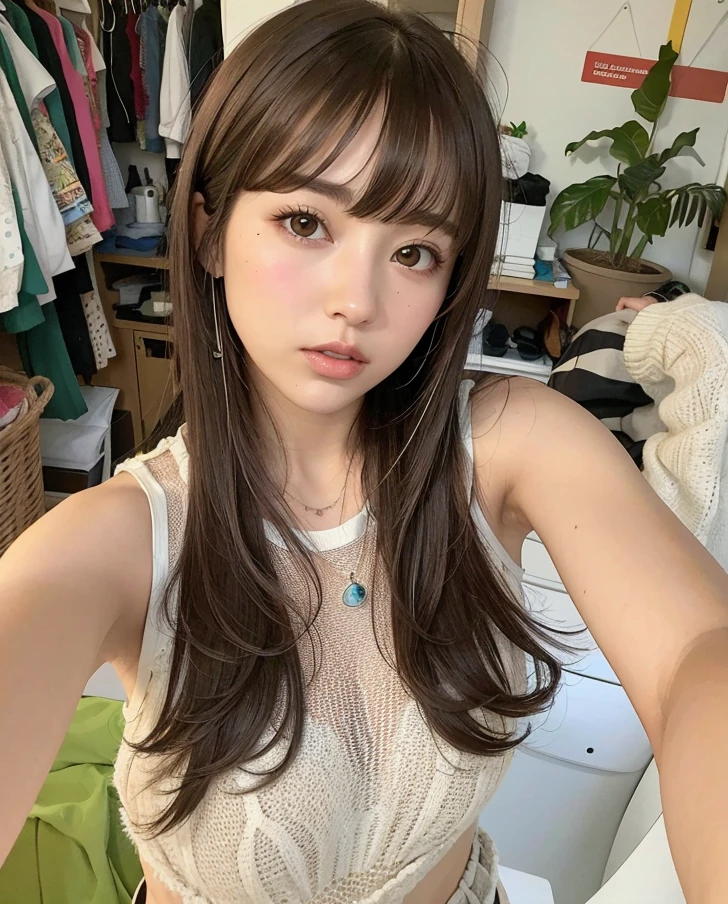 arafed woman with long brown hair and a white top, Pelo largo con flequillo, con flequillo, brown hair and bangs, brown long hair with bangs, Cabello largo con flequillo completo, auburn hair with bangs, con flequillo completo, Cabello limpio con flequillo, flequillo de cortina, flequillo esponjoso, Flequillo partido en el centro, Ella tiene el pelo  con flequillo