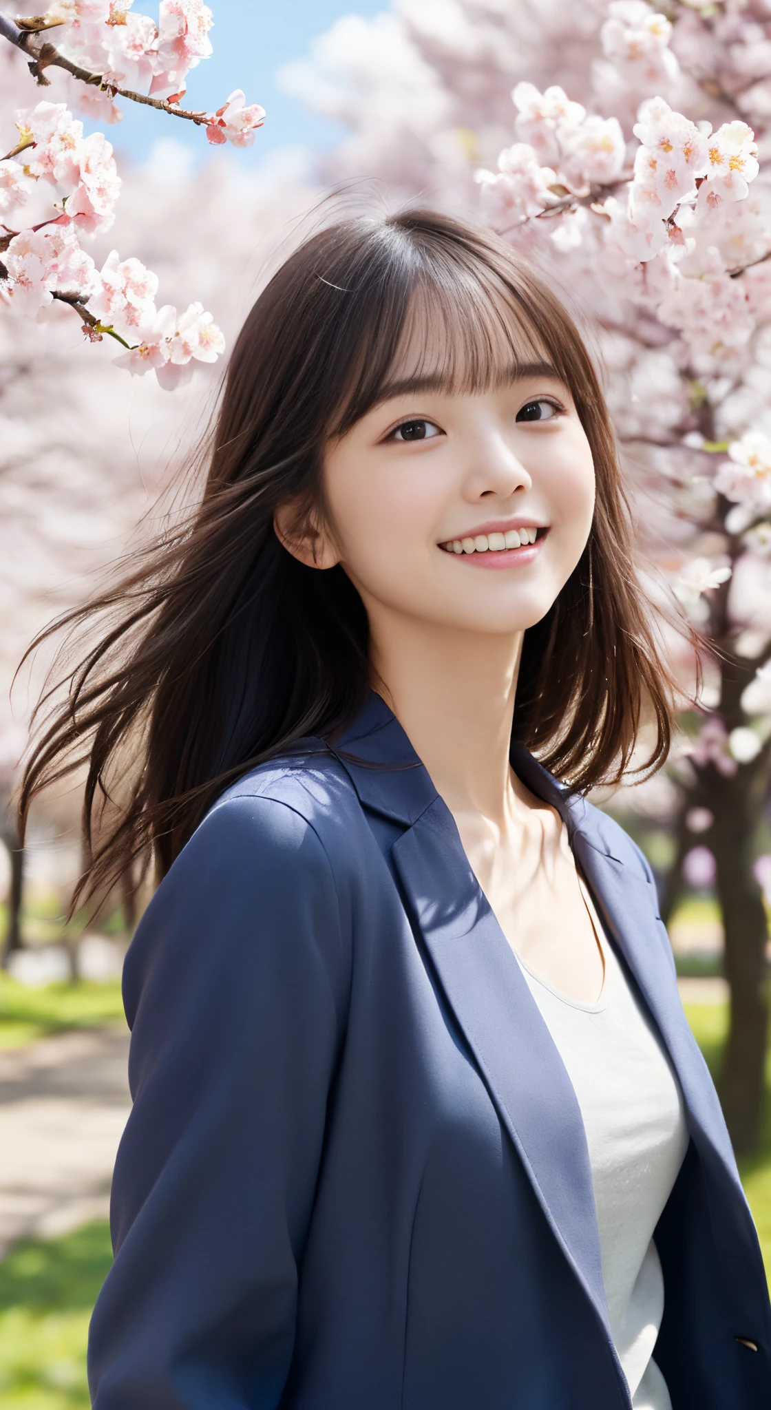 (slender small breasts and long hair,,,、Close up portrait of one girl with dull bangs in spring coat and shirt :1.5)、(Low angle shot of a girl dancing happily、the hair flutters with the wind :1.5)、(Rows of cherry blossom trees in full bloom and cherry blossom petals dancing in the wind:1.5)、(Perfect Anatomy:1.3)、(No mask:1.3)、(complete fingers:1.Phototriaritic、Photography、masutepiece、top-quality、High resolution, delicate and pretty、face perfect、Delicate and beautiful air skin around the eyes、Real Human Skin、pores、((thin legs))、(Dark hair)