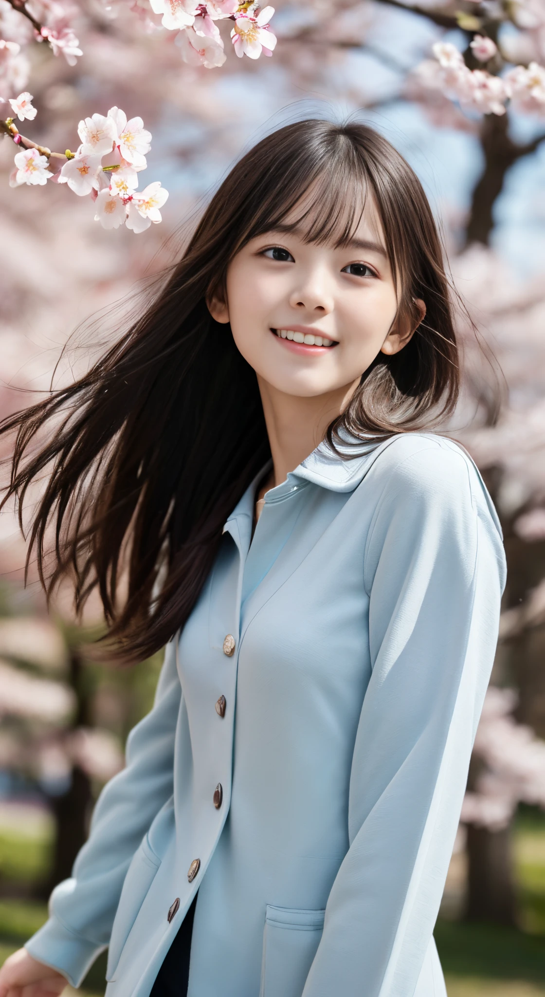 (slender small breasts and long hair,,,、Close up portrait of one girl with dull bangs in spring coat and shirt :1.5)、(Low angle shot of a girl dancing happily、the hair flutters with the wind :1.5)、(Rows of cherry blossom trees in full bloom and cherry blossom petals dancing in the wind:1.5)、(Perfect Anatomy:1.3)、(No mask:1.3)、(complete fingers:1.Phototriaritic、Photography、masutepiece、top-quality、High resolution, delicate and pretty、face perfect、Delicate and beautiful air skin around the eyes、Real Human Skin、pores、((thin legs))、(Dark hair)