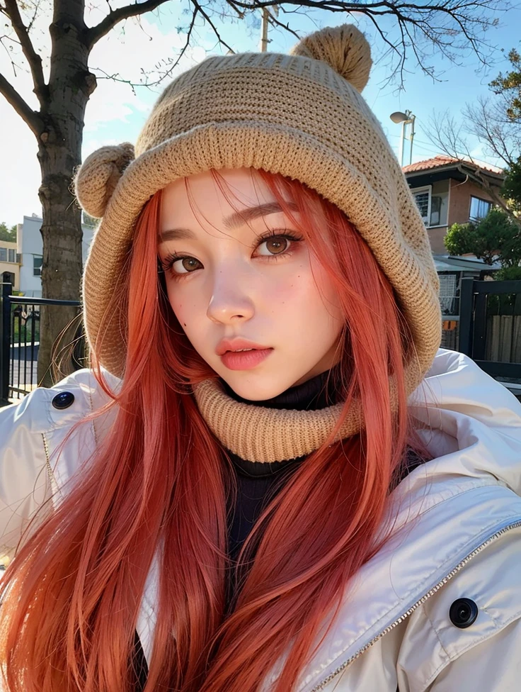 Mujer arafed con cabello rojo con sombrero y bufanda., Lalisa Manobal, Parque Roseanne de Blackpink, Lalisa Manoban de Blackpink, Ella tiene el pelo largo redorange, frio como ! 🧊, Gemma Chen, con el pelo largo y rojo, con el pelo rojo, Retrato de Jossi de Blackpink, Hermosa Delphine, con flequillo