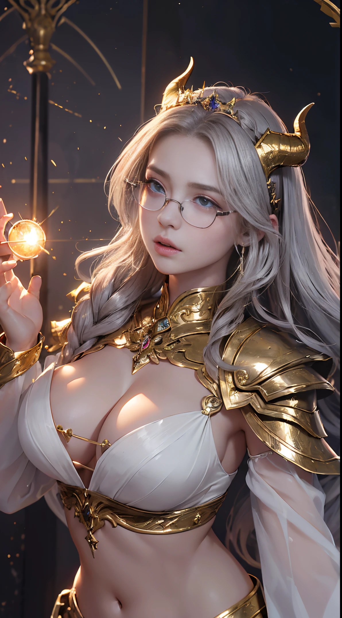 Fine、(The best illustrations)、8k UHD resolution、intricate-detail、top-quality、realisitic、ultra-detailliert、The best lighting、Best Shadows、Soft lighting、Ulutra HD、Ultra-realistic、Tindall Effect、Photorealsitic、(High Detail Skins:1.2)、 (Intricate details, makeup, pureerosface_v1:0.5), (Detailed beautiful delicate face, Detailed beautiful delicate eyes, A perfectly proportioned face, High detailed skin, Detailed skin, best ratio four finger and one thumb, arms below breasts, Tattoo with a red glow under the stomach、Awesome awesome, wide hips, smooth midriff, skiny and thin, __Fashion__, __hair__:1.25)、Digital SLR、 absurd realistic work: 1.3), (max resolution: 1.2), (Ultra HDTV: 1.2), cinematric light, Detailed eyes and skin, detailed facial features, , (Sharp Focus: 1.2）, (Focus on Face:1.2),Perfect Style, Beautiful face, acurate, Anatomically correct, Highly detailed face and skin texture, Detailed eyes, Double eyelids, Thin eyebrows, Glitter Eyeliner: 1 Natural cheeks, Glossy skin, Fair skin: 1.2, (Glossy lips: 1.4),(Shy look: 1.2),Highly detailed facial and skin texture, Detailed eyes, Double eyelids, Natural cheeks,  shiny lips: 1.4,Exposed cleavage、Bewitching。a baby face、Seductive、Chest emphasis、((((Huge glasses, Otaku Glasses, thick glasses, Round glasses)))),The long-haired、Braid hair、Ponytail distortion、, Ponytail with a bow tied at the back of the hair, huge solemn expression、Body Up、Big breasts emphasis, Super tight breasts, Breast augmentation surgery, The breasts are very big and round and round,Toned waist、 Meet beautiful girls, Look at the girl's body, In the Dark、Bat Wings，(((Demon Horns)))、(Devil's Tail)、(Detailed spooky backgrounds:0.8)、demon girls，Long grey hair，Beautiful and delicate skull decoration and fluorescent green magic sword that shines red，emits eerie demonic flames，Contour light，green flash particles，translucent magic sword，waist guard, hand guards, veils,  Ancient Chinese style, magia、Flame Magic、Flares up violently、swirling explosion、 A highly saturated sun ray emerges from the scepter, holy ceremony, angelic halo, golden and orange spark dazzling around, Holy Demon Array, dramatic compositions, Goddess of War, (Dynamic Posture: 1.3), Thick armor reveals the heart of the conflict, (Fine detail), radiant light, Powerful light area, (armor of historical importance:1.2),magia、 glittering metal armor, (Magic symbols shine on armor:1.3), (Magical magic swirled around her:1.3), Long white hair waving in the wind in every detail, Detailed weapon holding, (Sharp sword, Radiant:1.3), ((Black Armor)), (intense expression:1.1), (Its light is、Highlighting her dominance and rebirth behind the scenes:1.4), (Wisdom and Rebirth:1.2), (Strong stance:1.2), (Overwhelming mystical power:1.2), (Sparkling sweat:1.1), armor decorated with jewels, (The contrast between silver and gold:1.3),wear armor made of magic stones、wear magic armor、Purple Pink Silk Dress, The face of the beautiful goddess Athena without blemish, Sexy light yellow nightgown, long to, A thin nightgown of a saint with lots of exciting black lace details was felt, The legend of the holy goddess, Saint Icon, Elegant glitter beautiful saint style, dark and mysterious version, Holy Female Crown, royal ceremony, Jewel Tiara, The red and gold sparks are dazzling, royal emblem, golden scepter, Golden Rays,