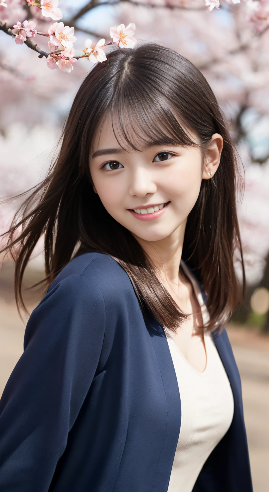 (slender small breasts and long hair,,,,,、Close up portrait of one girl with dull bangs in spring coat and shirt :1.5)、(Low angle shot of a girl dancing happily、the hair flutters with the wind :1.5)、(Rows of cherry blossom trees in full bloom and cherry blossom petals dancing in the wind:1.5)、(Perfect Anatomy:1.3)、(No mask:1.3)、(complete fingers:1.Phototriaritic、Photography、masutepiece、top-quality、High resolution, delicate and pretty、face perfect、Delicate and beautiful air skin around the eyes、Real Human Skin、pores、((thin legs))、(Dark hair)