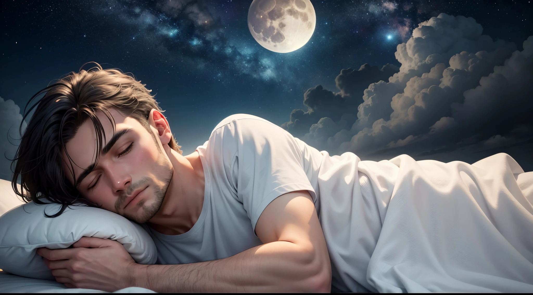 closeup de um homem dormindo de lado, in the clouds in the shape of a mattress, with the full moon in the background and the starry sky and creating a flare effect. A foto tem uma profundidade de campo rasa, um ISO baixo e uma velocidade do obturador alta para congelar o movimento