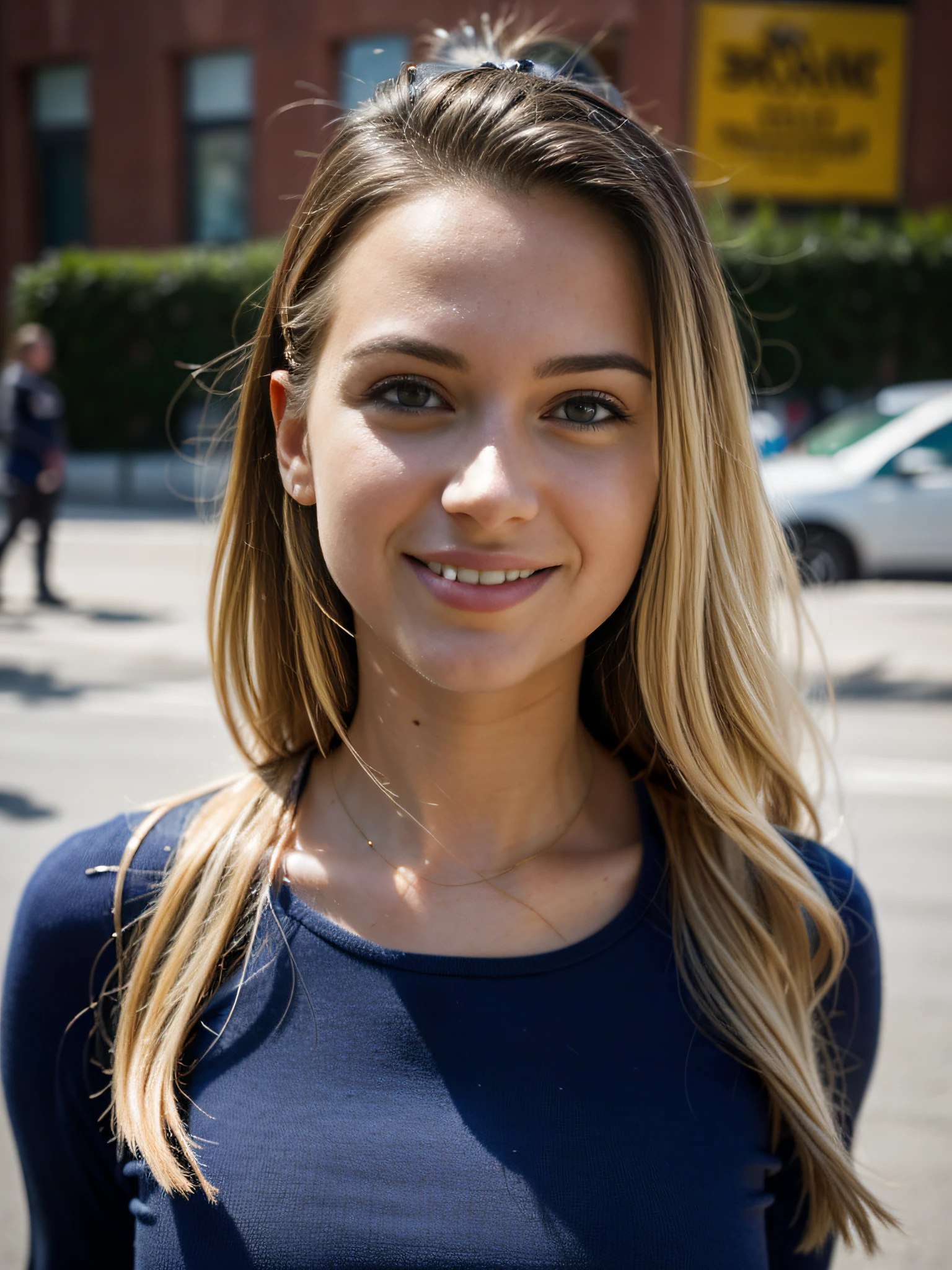 8k, best quality, real image, intricate detail, ultra-detail, ultra-high resolution, depth field, (realistic, realistic: 1.2), masterpiece, photo 1girl, supergirl, superhero, realistic, (clean, smiling, happy: 1.3), blue eyes, blonde, long hair, solo, city street background, best quality, realistic, Realism, (complex details: 1.2), (fine detail light), clear lines, sharp focus, realistic face, detailed beautiful face, (Looking down, high shot, giantess, giantess looking down :1.2)
