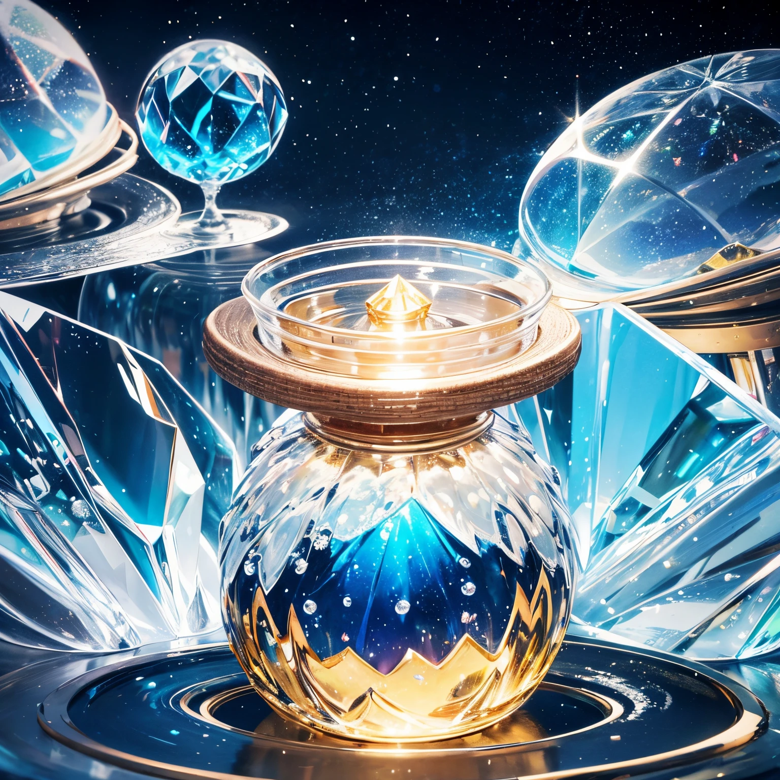 Em destaque Esfera de Natal de cristal com perfume dentro, ao fundo uma cidade desfocada, water, alcohol, tinta, foto, fantasia sombria e texto 3D "natura" cor rosa e azul