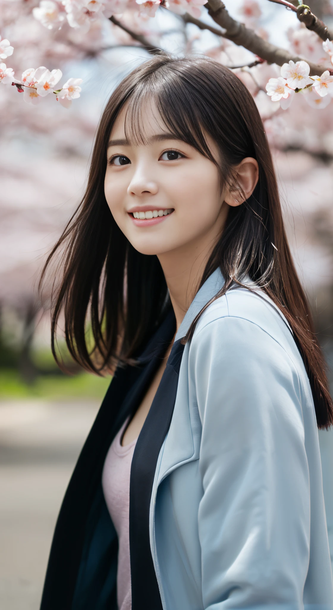 (slender small breasts and long hair,,,,,,,、Close up portrait of one girl with dull bangs in spring coat and shirt :1.5)、(Low angle shot of a girl dancing happily、the hair flutters with the wind :1.5)、(Rows of cherry blossom trees in full bloom and cherry blossom petals dancing in the wind:1.5)、(Perfect Anatomy:1.3)、(No mask:1.3)、(complete fingers:1.Phototriaritic、Photography、masutepiece、top-quality、High resolution, delicate and pretty、face perfect、Delicate and beautiful air skin around the eyes、Real Human Skin、pores、((thin legs))、(Dark hair)