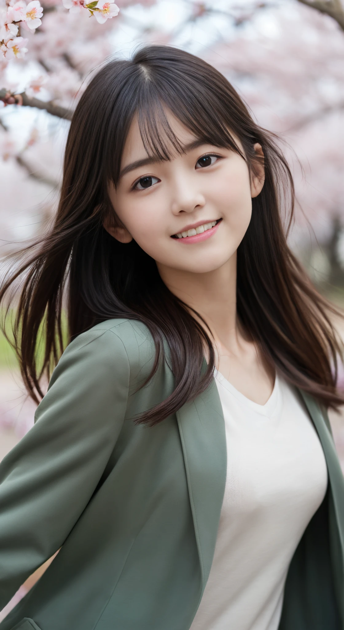 (slender small breasts and long hair,,,,,,,、Close up portrait of one girl with dull bangs in spring coat and shirt :1.5)、(Low angle shot of a girl dancing happily、the hair flutters with the wind :1.5)、(Rows of cherry blossom trees in full bloom and cherry blossom petals dancing in the wind:1.5)、(Perfect Anatomy:1.3)、(No mask:1.3)、(complete fingers:1.Phototriaritic、Photography、masutepiece、top-quality、High resolution, delicate and pretty、face perfect、Delicate and beautiful air skin around the eyes、Real Human Skin、pores、((thin legs))、(Dark hair)