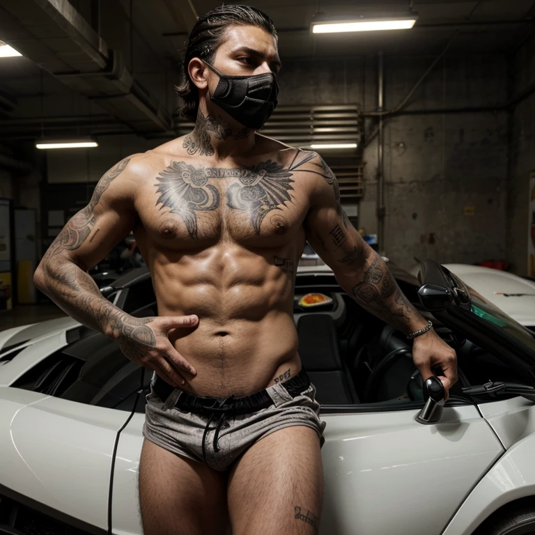 Crie pra min um homen com estilo de bandido com tatuagens pelo corpo junto com seu carro da marca Lamborghini