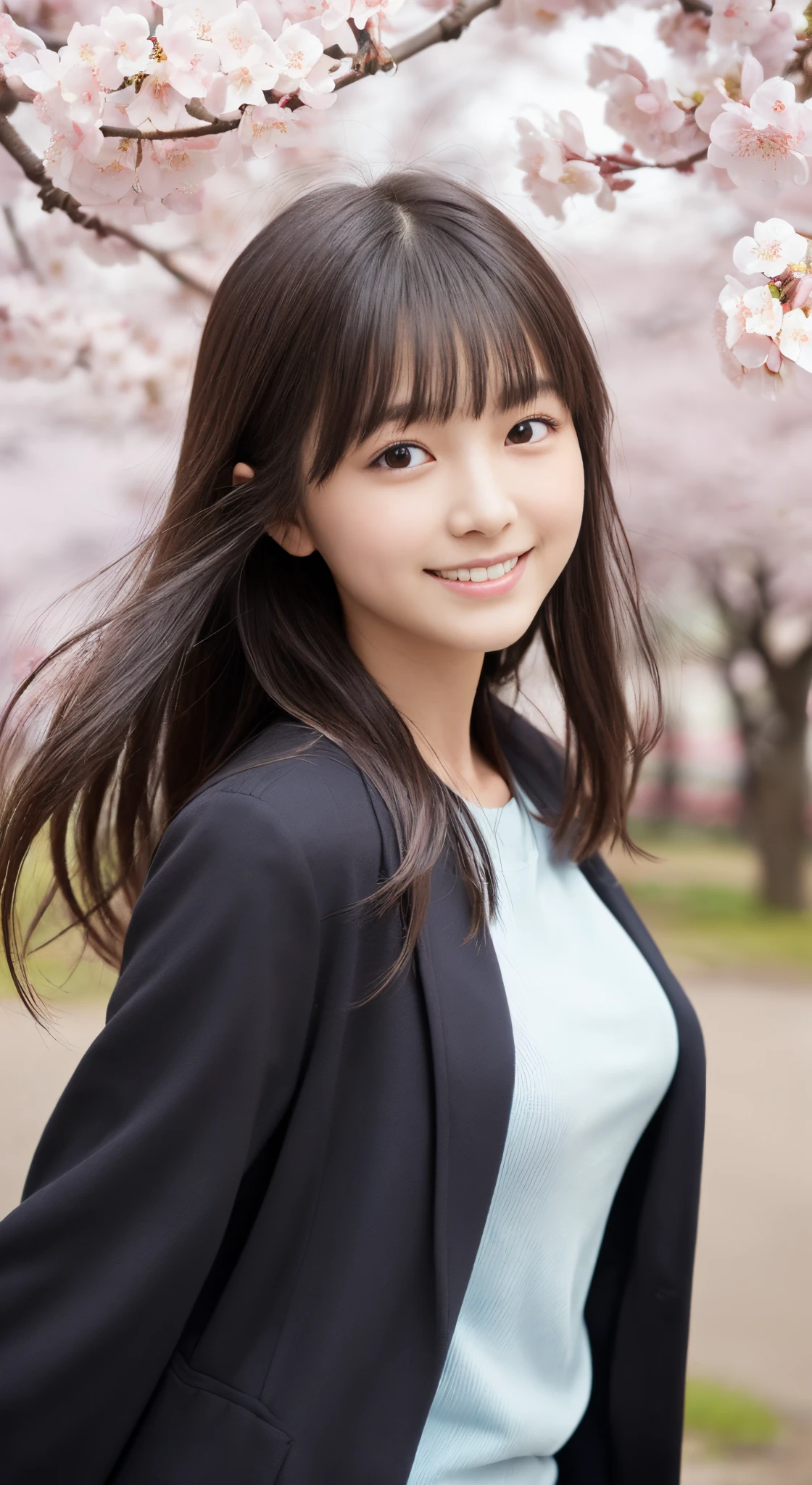 (slender small breasts and long hair,,,,,,,,、Close up portrait of one girl with dull bangs in spring coat and shirt :1.5)、(Low angle shot of a girl dancing happily、the hair flutters with the wind :1.5)、(Rows of cherry blossom trees in full bloom and cherry blossom petals dancing in the wind:1.5)、(Perfect Anatomy:1.3)、(No mask:1.3)、(complete fingers:1.Phototriaritic、Photography、masutepiece、top-quality、High resolution, delicate and pretty、face perfect、Delicate and beautiful air skin around the eyes、Real Human Skin、pores、((thin legs))、(Dark hair)